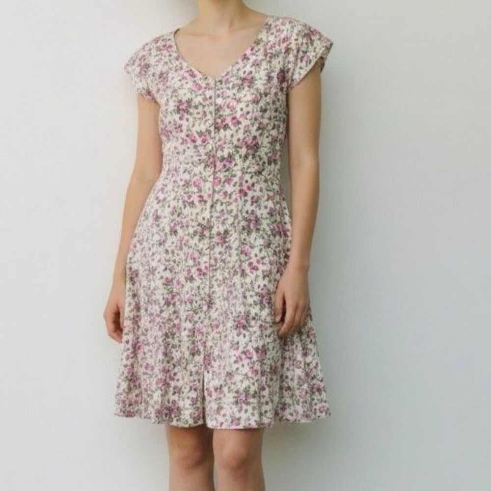 VTG 90S Cottage Rose Floral Button Front Fit And Flare Flutter Sleeve Dress Sz 6